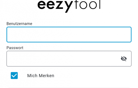 1 Eezytool login screen with logo, username and password fields, remember-me checkbox, and Anmelden button.