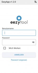 Login screen for EezyApp in German: username and password fields, 'Mich Merken' checkbox, and 'ANMELDEN' button, Eezytool logo above.