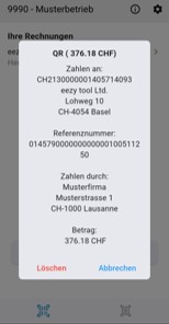 MbApp4 Mobile screen showing a German payment dialog for an invoice, total amount in CHF, with a reference number and buttons Löschen and Abbrechen.