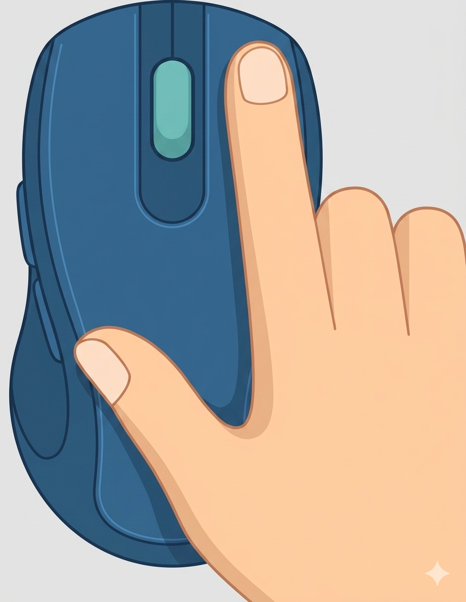 Close-up of a hand clicking a blue computer mouse.