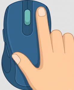 Close-up of a hand clicking a blue computer mouse.