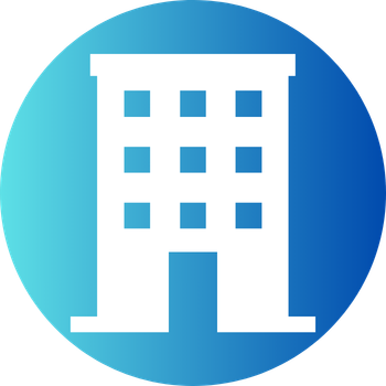 White simplified multi-story building icon on a blue circular gradient background